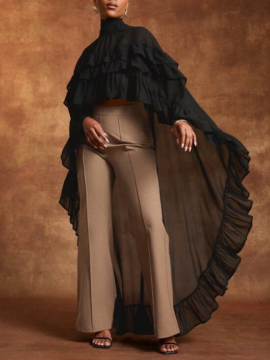 Tops - Black Women's Sheer Chiffon Layered Ruffle Mock Neck Hem Top